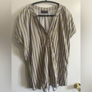 Lane Bryant Olive, White & Lavender Striped V-Neck Blouse